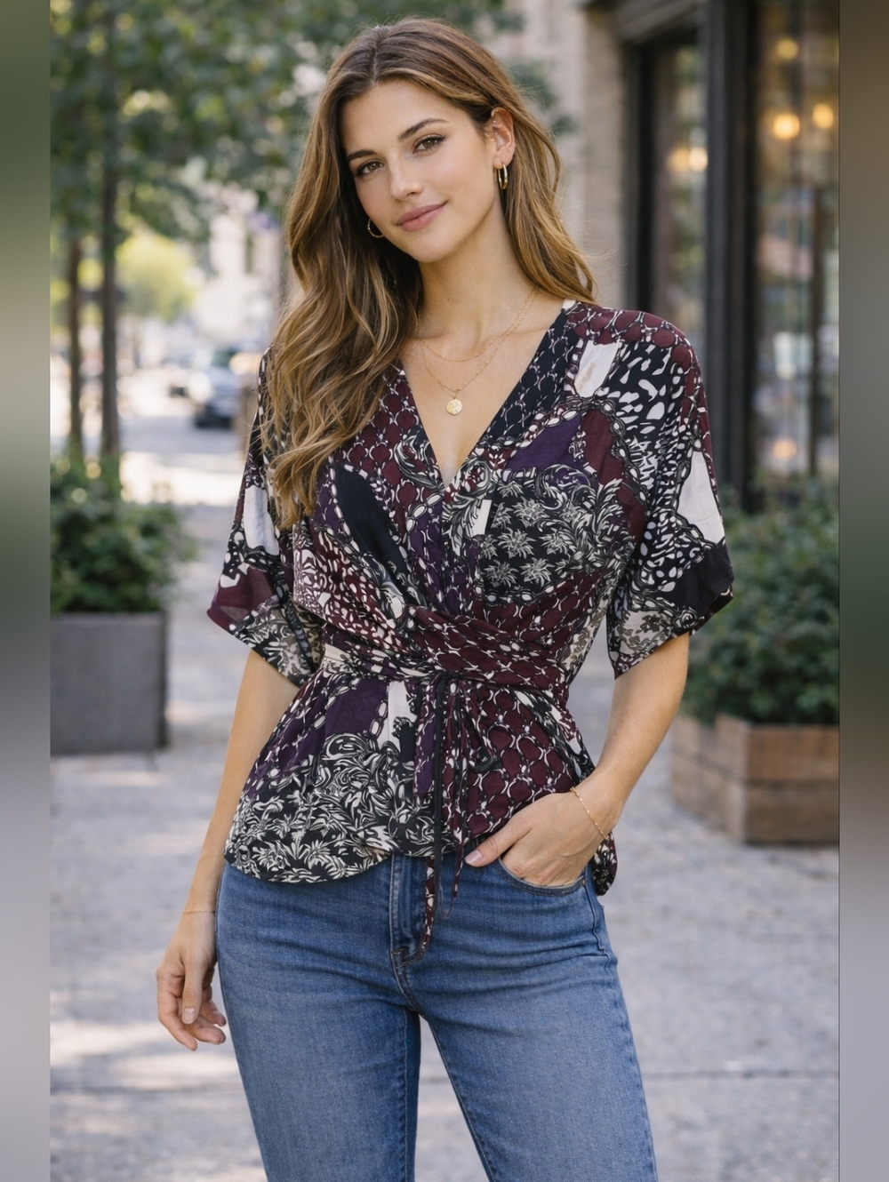 Whimsigoth Boho Wrap Blouse Cinch Waist Top Dark Academia Vibe XL